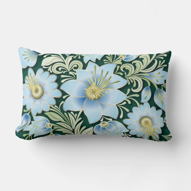 Abstract Blauw Floral Ornament op groene achtergro Kussen (Voorkant)