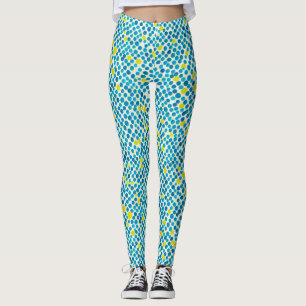 Abstract Blauw Geel Cirkel Stip Waterverf Patroon Leggings