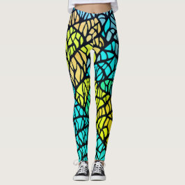 Abstract blauw geel zwart lijnen Glas in lood Leggings