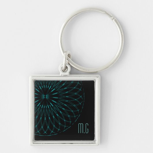 Abstract Blauw Geometrisch Grafisch Zwart Monogram Sleutelhanger (Voorkant)