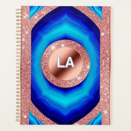 Abstract Blauw Geometrisch Patroon met Roze Goud Planner (Voorkant)