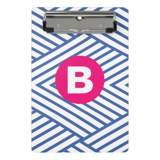 Abstract blauw gestreept patroon met roze monogram mini klembord (Voorkant)