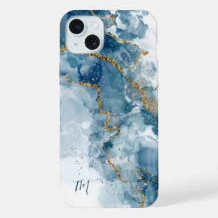 Abstract Blauw/Goud Glitter Alcohol Ink Monogram iPhone 15 Plus Case