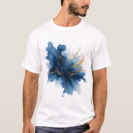 Abstract Blauw Goud Inktspat T-shirt (Voorkant)