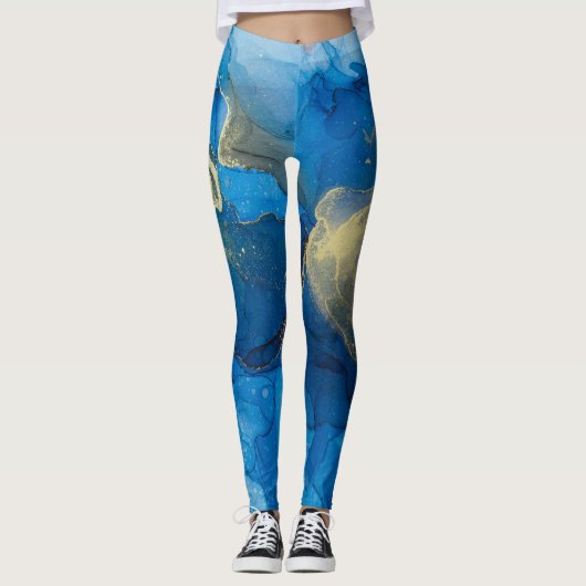Abstract Blauw Goud Marmeren Textuur Leggings (Voorkant)