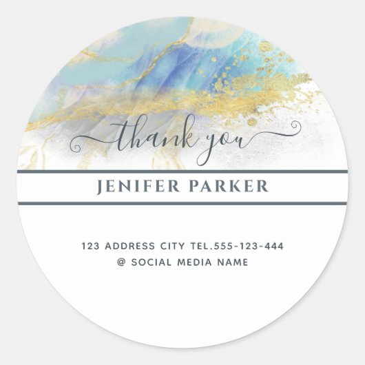 Abstract blauw goud moderne script bedankt ronde sticker (Voorkant)