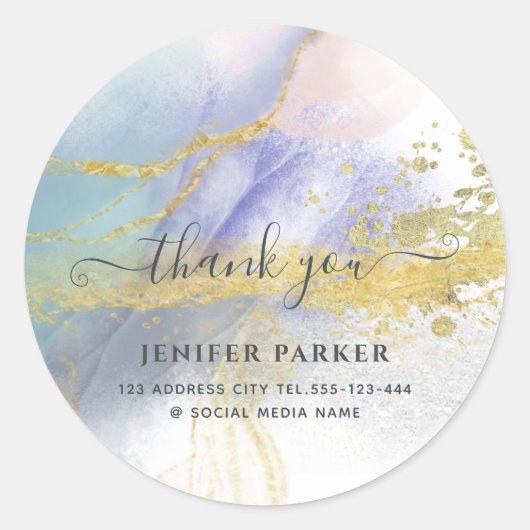 Abstract blauw goud moderne script bedankt ronde sticker (Voorkant)