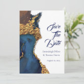 Abstract blauw goud scannen save the date (Staand voorkant)