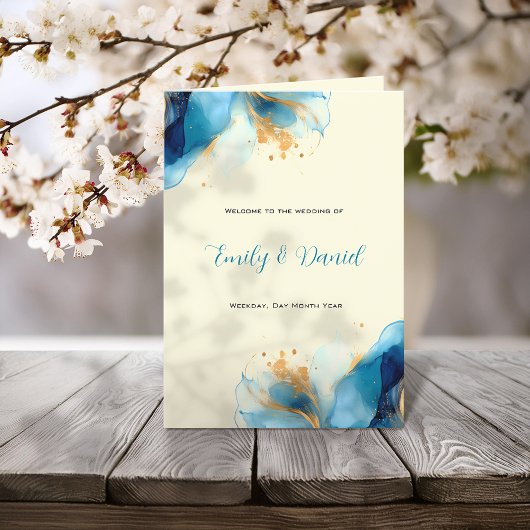 Abstract Blauw & Goud Waterverf Trouwdag Programma