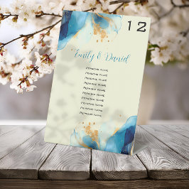 Abstract Blauw & Goud Waterverf Trouwnummers Reclamebord Met Voetstuk