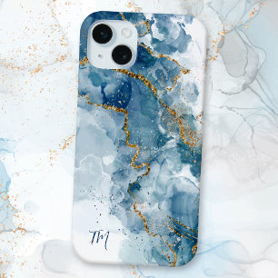 Abstract blauw/gouden glitter alcoholinkt Monogram iPhone 15 Mini Hoesje