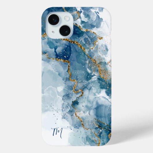 Abstract blauw/gouden glitter alcoholinkt Monogram Case-Mate iPhone Case (Achterkant)