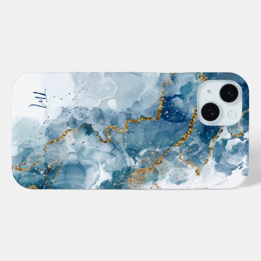 Abstract blauw/gouden glitter alcoholinkt Monogram Case-Mate iPhone Case (Achterkant (horizontaal))