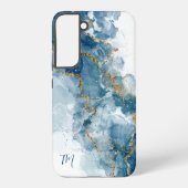 Abstract blauw/gouden glitter alcoholinkt Monogram Samsung Galaxy Hoesje (Achterkant)