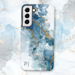 Abstract blauw/gouden glitter alcoholinkt Monogram Samsung Galaxy Hoesje<br><div class="desc">Pas dit unieke en elegante ontwerp met tinten van lichte en donkere alcohol inkt splatters met gouden faux glitter aders. Bevat tekstvelden met twee initialen monogrammen.</div>