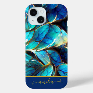 Abstract Blauw Gradiëntglas Fractal Monogrammed iPhone 15 Case