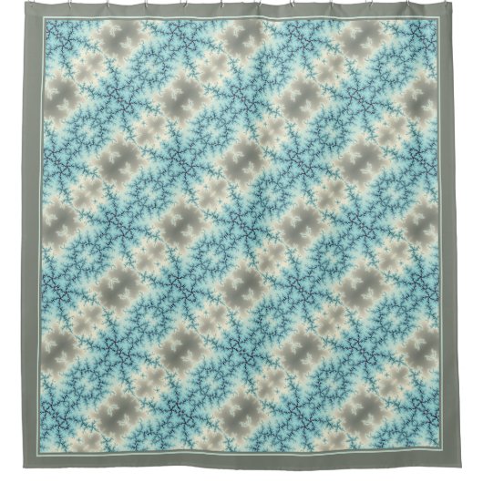 Abstract blauw, grijs sneeuwvlokpatroon met rand douchegordijn (Voorkant)