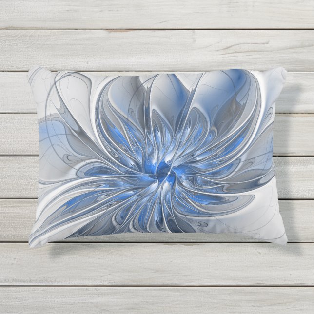 Abstract Blauw Grijs Waterverf Fractal Art Flower Buitenkussen (Voorkant)
