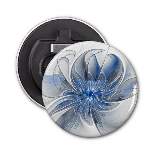 Abstract Blauw Grijs Waterverf Fractal Art Flower Button Flesopener (Voorkant)