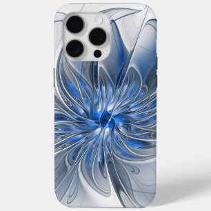 Abstract Blauw Grijs Waterverf Fractal Art Flower iPhone 15 Pro Max Hoesje