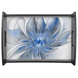 Abstract Blauw Grijs Waterverf Fractal Art Flower Dienblad