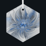 Abstract Blauw Grijs Waterverf Fractal Art Flower Glas Ornament<br><div class="desc">Een bijzondere fantasiebloem met tinten blauw en grijs,  abstract en elegant. Ongebruikelijk ontwerp voor uw decoratieve bloemenzeshoek glas ornament en meer.</div>