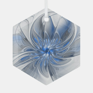 Abstract Blauw Grijs Waterverf Fractal Art Flower Glas Ornament