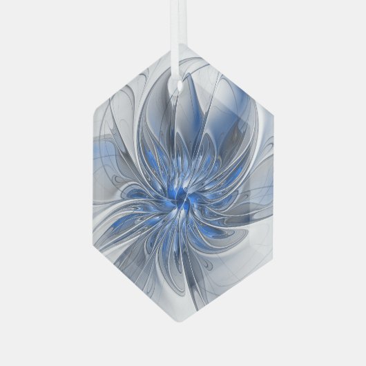 Abstract Blauw Grijs Waterverf Fractal Art Flower Glas Ornament (Voorkant links)