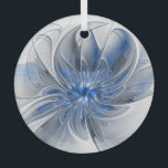Abstract Blauw Grijs Waterverf Fractal Art Flower Glas Ornament<br><div class="desc">Een bijzondere fantasiebloem met tinten blauw en grijs,  abstract en elegant. Ongebruikelijk ontwerp voor uw decoratieve bloemenronde glazen ornament en meer.</div>