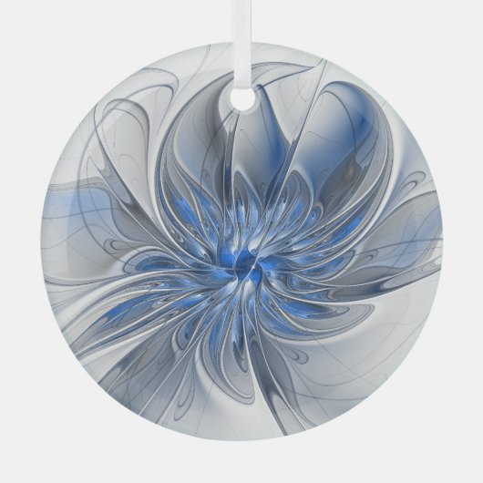 Abstract Blauw Grijs Waterverf Fractal Art Flower Glas Ornament (Voorkant)