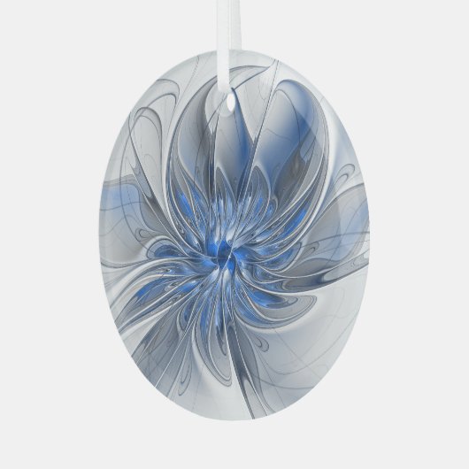 Abstract Blauw Grijs Waterverf Fractal Art Flower Glas Ornament (Voorkant links)