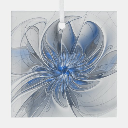 Abstract Blauw Grijs Waterverf Fractal Art Flower Glas Ornament (Voorkant)