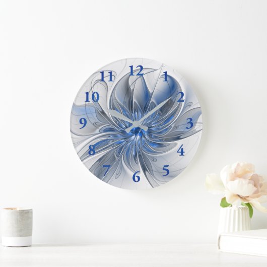 Abstract Blauw Grijs Waterverf Fractal Art Flower Grote Klok (Huis)