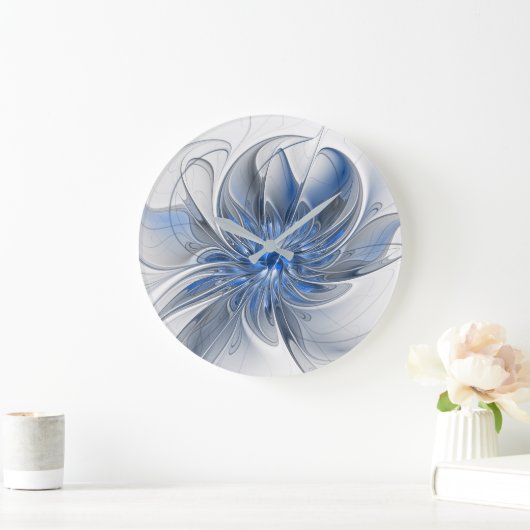 Abstract Blauw Grijs Waterverf Fractal Art Flower Grote Klok (Huis)