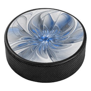 Abstract Blauw Grijs Waterverf Fractal Art Flower Hockey Puck