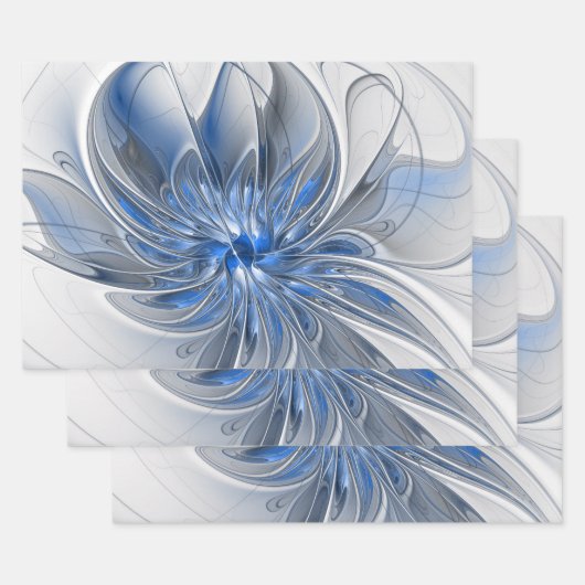 Abstract Blauw Grijs Waterverf Fractal Art Flower Inpakpapier Vel (Set)