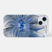 Abstract Blauw Grijs Waterverf Fractal Art Flower iPhone 15 Case (Achterkant horizontaal)