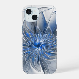 Abstract Blauw Grijs Waterverf Fractal Art Flower iPhone 15 Case
