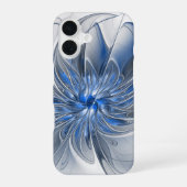 Abstract Blauw Grijs Waterverf Fractal Art Flower iPhone 16 Hoesje (Achterkant)