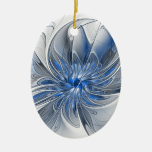 Abstract Blauw Grijs Waterverf Fractal Art Flower Keramisch Ornament