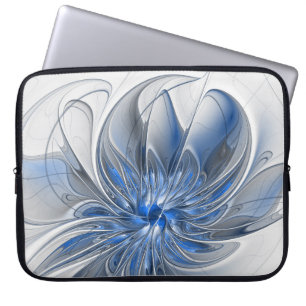 Abstract Blauw Grijs Waterverf Fractal Art Flower Laptop Sleeve