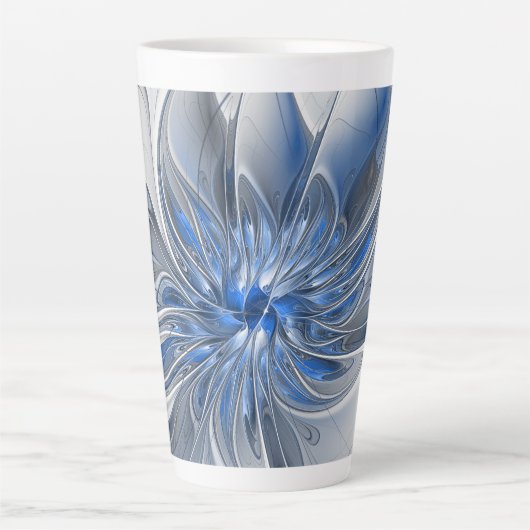 Abstract Blauw Grijs Waterverf Fractal Art Flower Latte Mok (Voorkant)