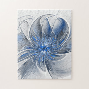 Abstract Blauw Grijs Waterverf Fractal Art Flower Legpuzzel
