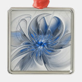 Abstract Blauw Grijs Waterverf Fractal Art Flower Metalen Ornament (Voorkant)