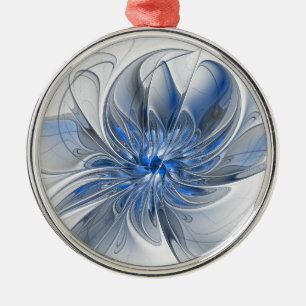 Abstract Blauw Grijs Waterverf Fractal Art Flower Metalen Ornament