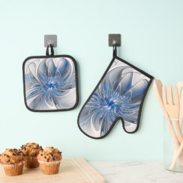 Abstract Blauw Grijs Waterverf Fractal Art Flower Ovenwant & Pannenlap Set