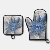 Abstract Blauw Grijs Waterverf Fractal Art Flower Ovenwant & Pannenlap Set (Voorkant)