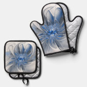 Abstract Blauw Grijs Waterverf Fractal Art Flower Ovenwant & Pannenlap Set (Voorkant / Achterkant)