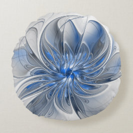 Abstract Blauw Grijs Waterverf Fractal Art Flower Rond Kussen