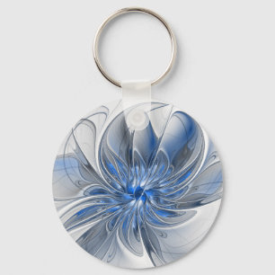Abstract Blauw Grijs Waterverf Fractal Art Flower Sleutelhanger